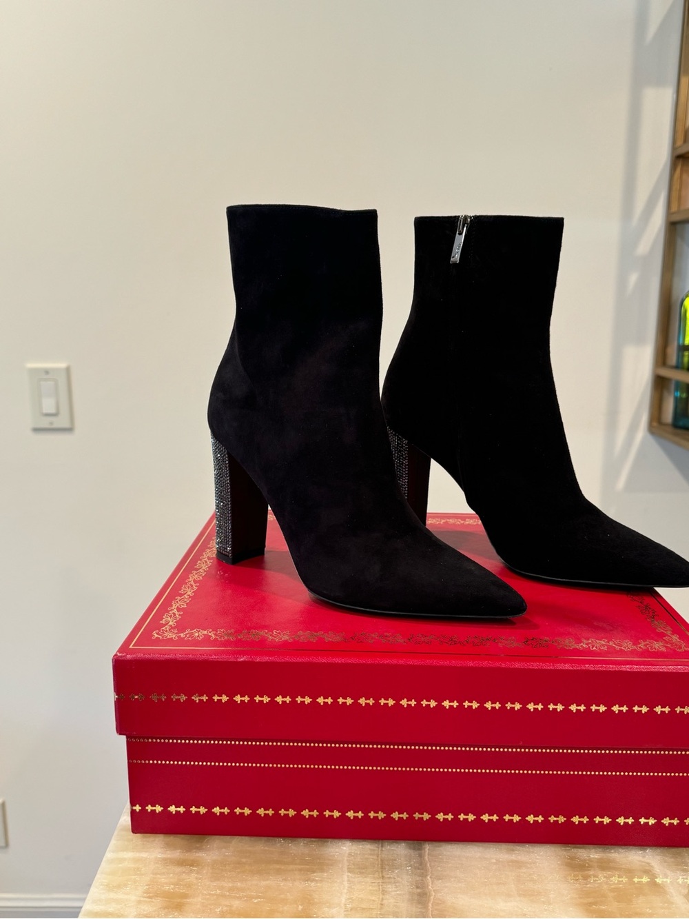 René Caovilla Black Suede Crystal Heel Ankle Boots